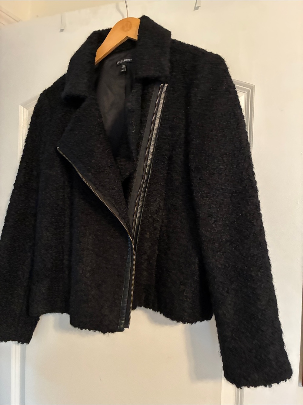 Eileen Fisher Black Bouclé Asymmetrical Zip Blazer - Alpaca/Wool blend - M